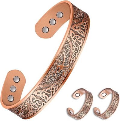Pure Solid Copper Magnetic Cuff Bracelet & 2 Rings Set Tree Of Life