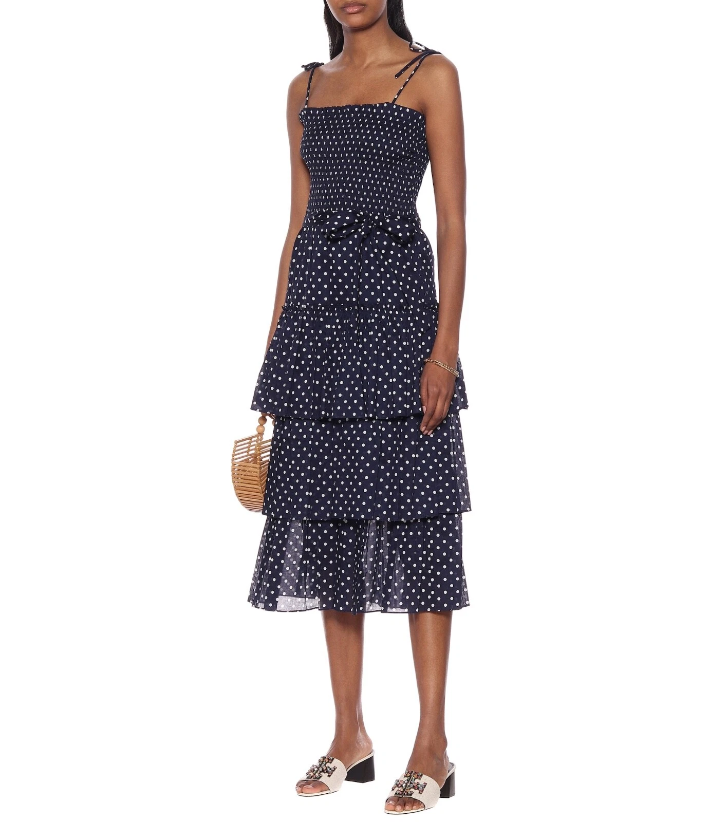 Abito a più livelli TORY BURCH blu e bianco a pois cotone midi nuovo senza etichette