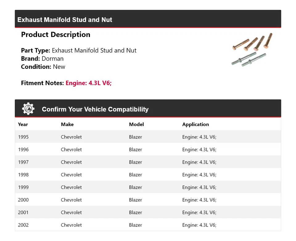 Para Chevrolet Blazer 1995-2002 4,3 L V6 Dorman colector de escape perno y tuerca 1996 Foto 2 de 4
