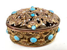 Gilded Open Design Metal Oval TRINKET DRESSER JEWELRY BOX, Faux Turquoise Stones