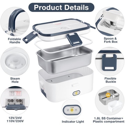 60W Electric Lunch Box Portable Fast Food Warmer 1.8L SS304 Container Carry Bag - Picture 4 of 12