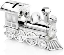 Locomotora de ahorros para niños de tren alcancía plateada ferroviaria