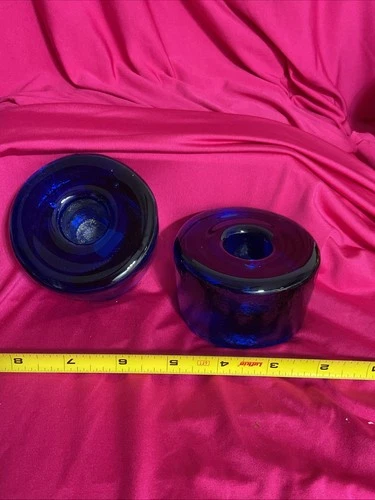 Blenko Cobalt Blue Art Glass Taper Candle Holders Round Rock Puck Style Set Of 2