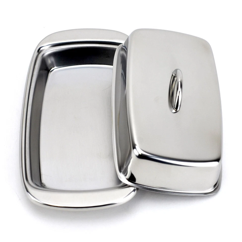 Plato de mantequilla de acero inoxidable con tapa y mango de metal cepillado 4 x 7,5 pulgadas Foto 4 de 4