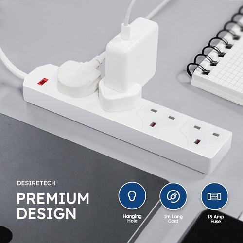 White Electric Extension Lead - 4 Gang, 1 Metre Cable with UK Plug & 3 Pin Socke - Picture 3 of 7