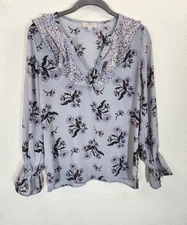 LOFT Outlet Blouse Women's XXSP Petite Gray Floral Ruffle Bib Split Neck Top
