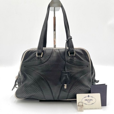 Auth PRADA Y2K Nappa Leather Bowling Bag Tote Bag, Black 2Y9673