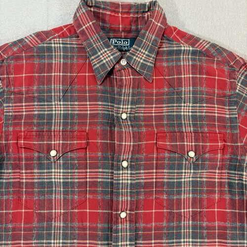 Vintage Polo Ralph Lauren Pearl Snap Button Down Hemd Small Rot Western Flanell - Bild 2 von 16