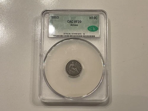 1853 Liberty Seated Silver Half 1/2 .5 Dime w/Arrows at Date CAC VF20 Arrows