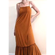 New! Zara M Golden Brown Textured Ribbed Maxi Dress Ruffle Hem Dark Mustard