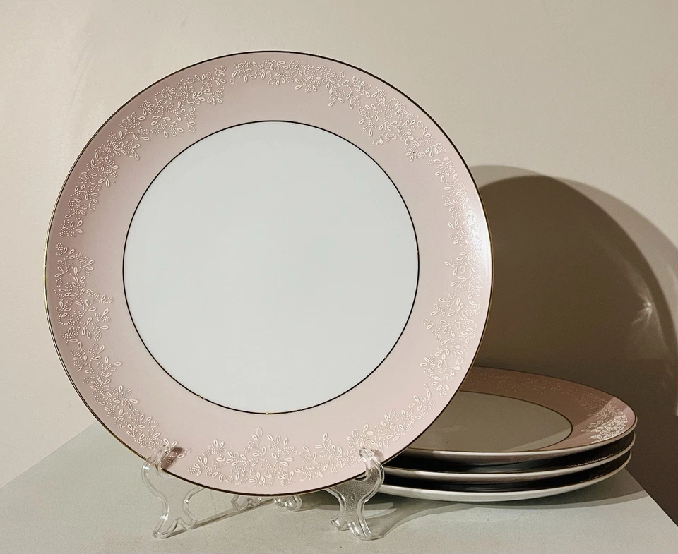 Vintage Noritake Stratford Pink Lace Dinner Plates x 4 Gold Rim 50's - Image 2 of 4