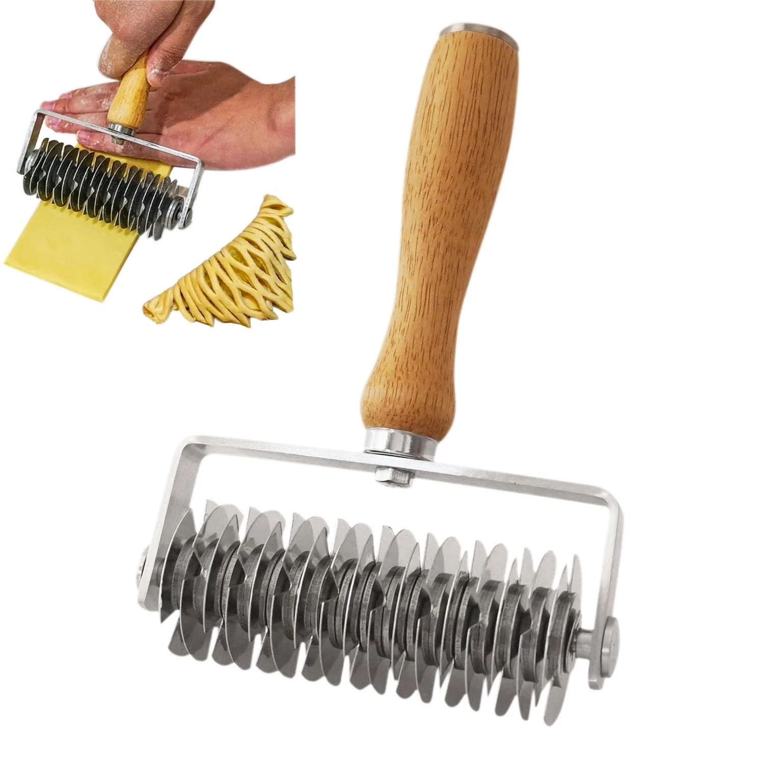 Pizza Dough Docker Roller Pin Puncher Dough Hole Maker with Wooden Handle