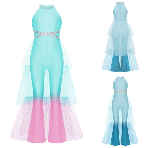 Kids Girls Sparkly Sleeveless Skinny Leg Romper Jumpsuit Gradient Color Tulle - Picture 15 of 34