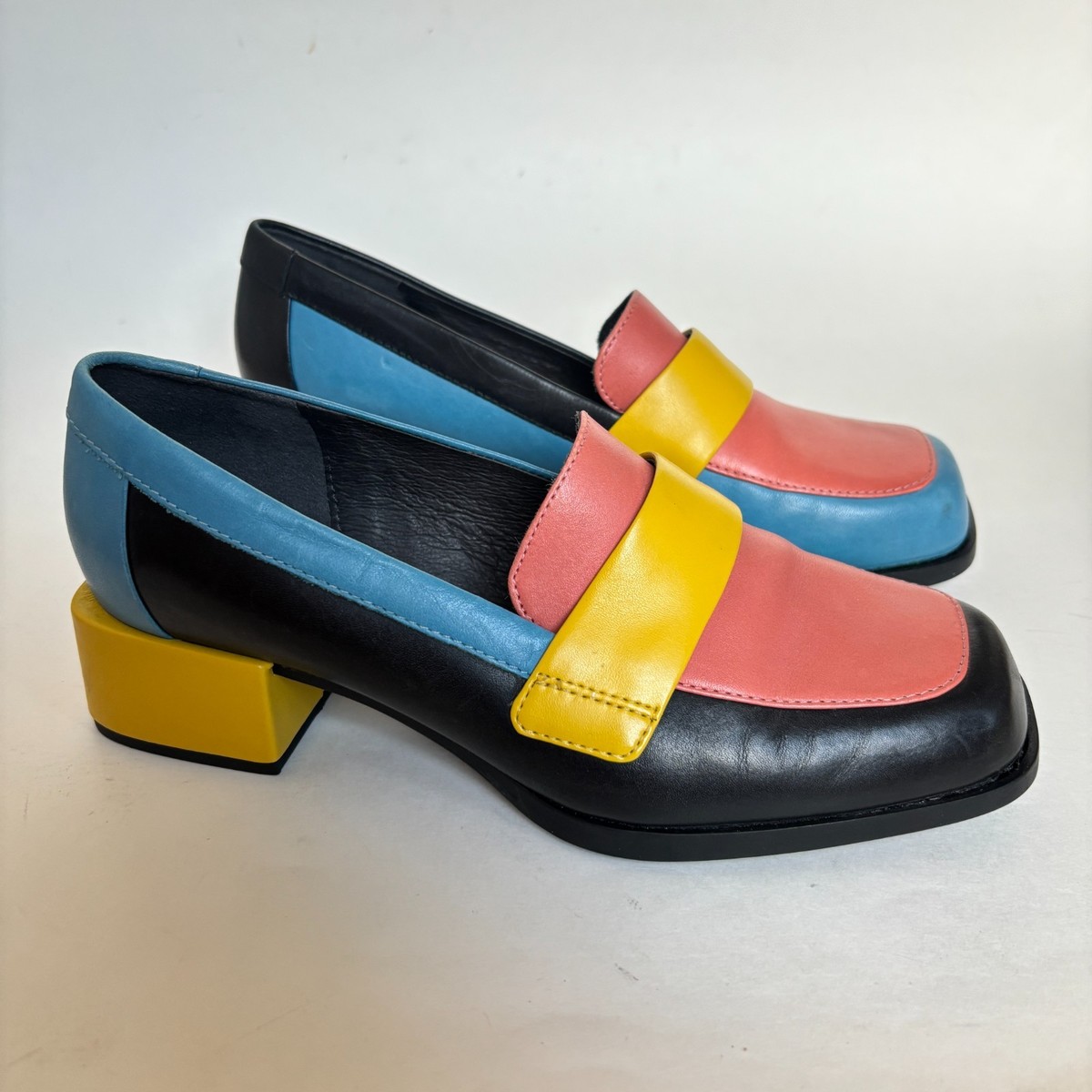 Camper Loafers Colorblock Twins Black Pink Blue Yellow Block Heel