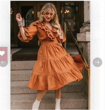 Ivy City Ginger Dress Womens Small Orange Ruffle Smocked Puff Sleeve Fit Flare