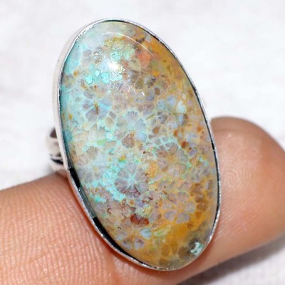 Blue Fossil Coral 925 Silver Plated Ring US 9 Gemstone Jewellery Trendy GW