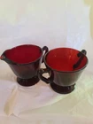 Vintage Anchor Hocking Royal Red Ruby Footed Creamer And Open Sugar 3 1/4"