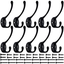 IBosins 10 Pack Dual Coat Hooks Wall Mounted with 40 Screws Retro Black