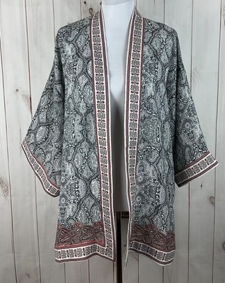 Max Studio Women s Black White Paisley Open Front Cardigan Kimono Size L NWT