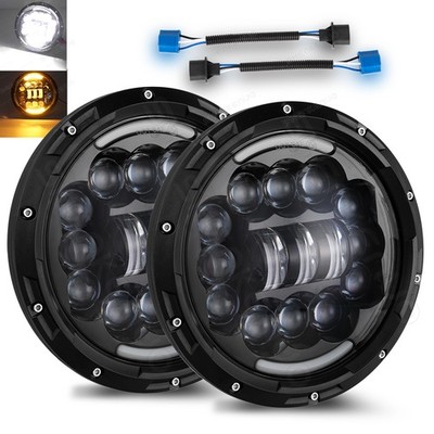 Pair 7'' Round LED Headlight DRL Hi/Lo Beam Turn For Land Rover Defender 90 & 110
