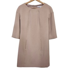 Trina Turk Shift Dress Women 4 Taupe 3/4 Sleeve Pockets Seams Mini