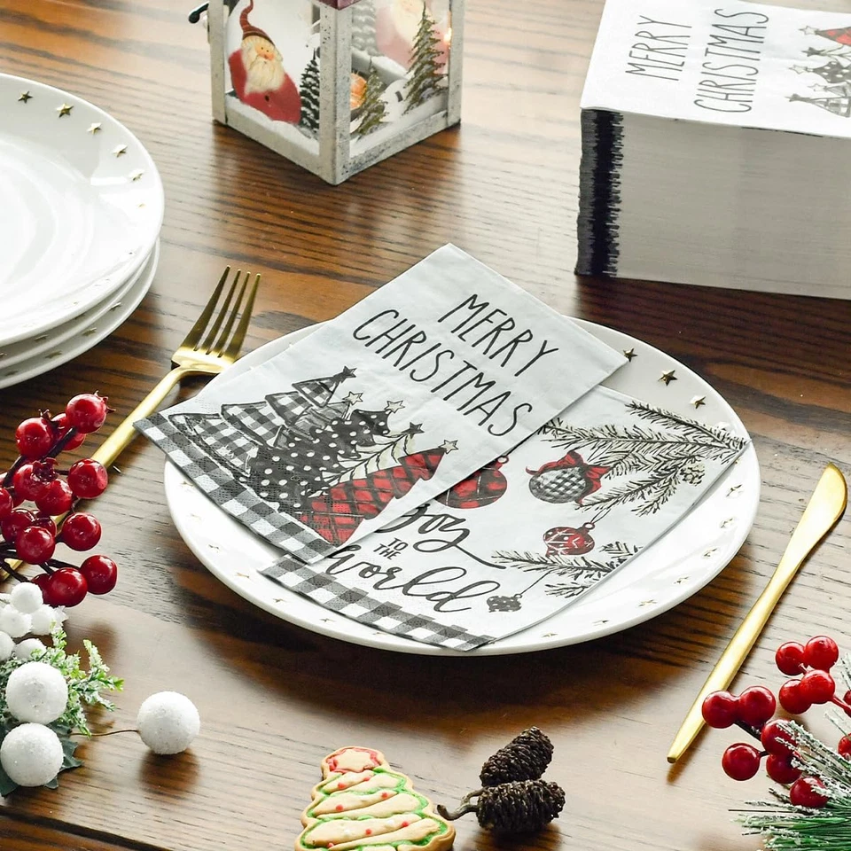 100 servilletas decorativas de papel desechables de Navidad para invitados, árbol de Navidad a cuadros de búfalo Foto 3 de 4