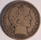 1915 D Barber Half Dollar, Nicely Circulated, Choice VG, Nice Date, Sharp Coin!