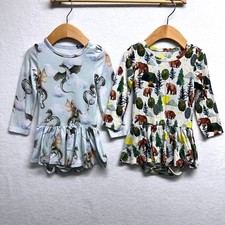 Posh Peanut Ruffled Romper Kids 18-24M Blue White Dragon Bear Bamboo Set of 2