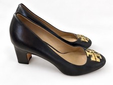 Tory Burch Black Leather Wedge Pumps Gold Logo Size 7.5M