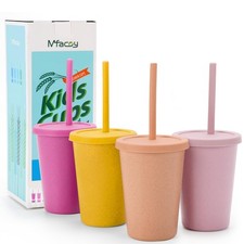 Mfacoy 4 Pack Wheat Straw Cups with Lid and Straws, 10 oz Small, Pink