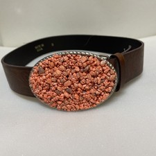 Vintage Pewter Tone Faux Tooled Leather Coral Pebble Belt And Buckle USA Sz S