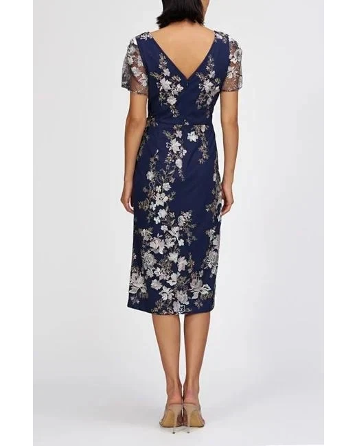 JS Collections Navy Blue Esmerelda Embroidered Cocktail Midi Dress Size 4 $268 - Image 3 of 4