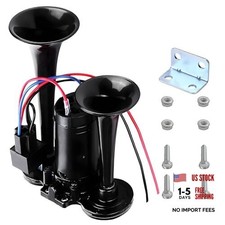 12V Car Air Horn, 120 DB Super Loud Dual Trumpets Electric Train Horn Kit Black