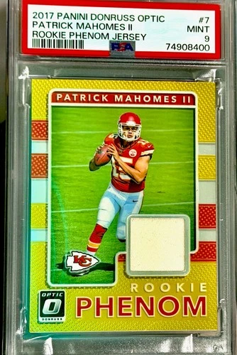 2017 DONRUSS OPTIC ROOKIE PHENOM PLAYER-WORN PATCH PATRICK MAHOMES PSA 9 SLAB 🔥