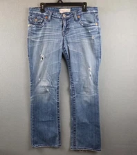 Big Star Jeans Womens 32L Blue Liv Bootcut Distressed Denim Thick Stitch Western