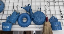 Vintage Blue Enamel Kitchen Set Salt Box Jug Funnel Grater Colander