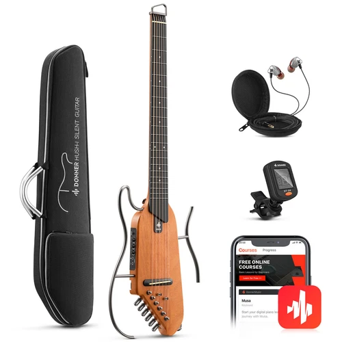Donner HUSH I Acoustic Electric Guitar With Gig Bag Headphones Maghony Wood