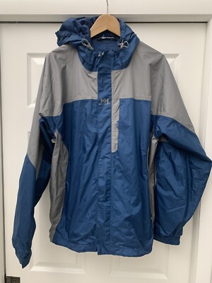 HELLY HANSEN MENS PACKABLE WATERPROOF HOODED JACKET SZ L BLUE GRAY HELLY TECH