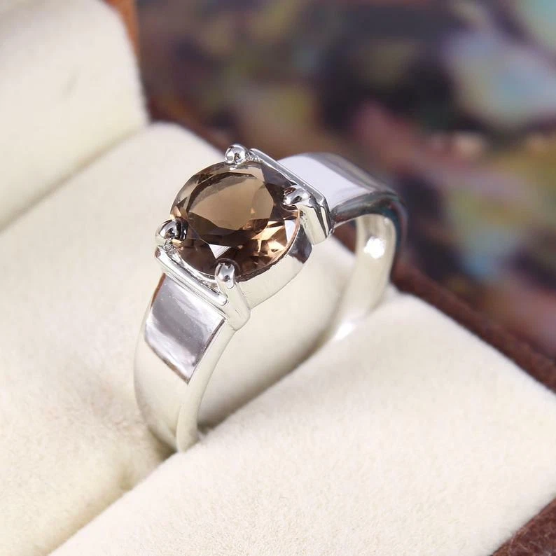 Natural Smoky Quartz Ring Men Women Statement Handmade 925 Sterling Silver Boho