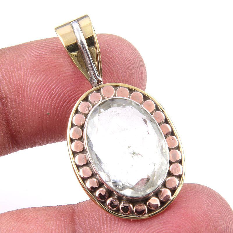 Natural Crystal Quartz 925 Sterling Silver Two-Tone Pendant Necklace 1.5 Inch Gift