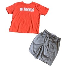 Boys 2 Piece Summer Outfit -T-Shirt/Athletic Shorts-Gray/Orange-Size 6/7-GUC