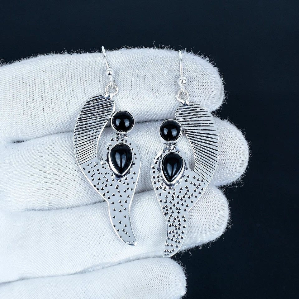 925 Argento Sterling Naturale Onice Nera Donna Orecchini Pendenti Mano Gioielli - Immagine 2 di 4