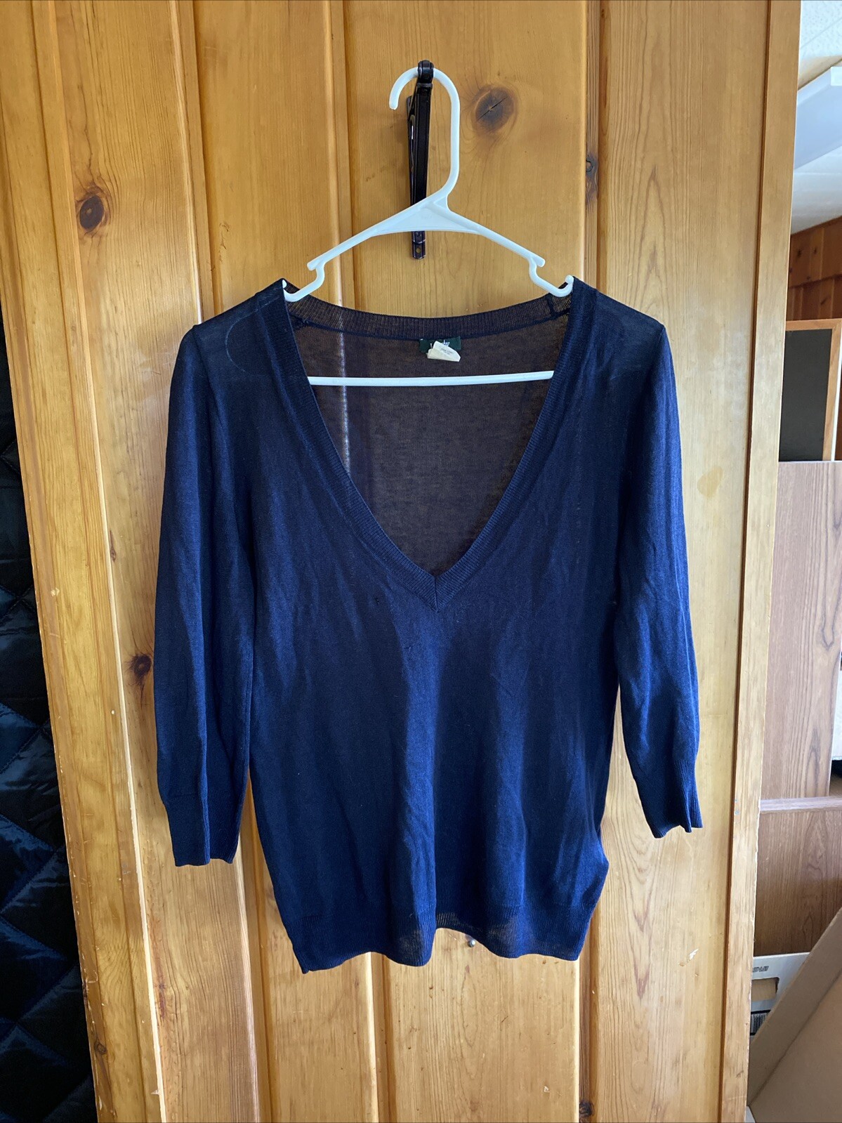 FLAWS J Crew Silk Linen Blend Deep V Neck Navy Blue Lightweight Sweater Academia