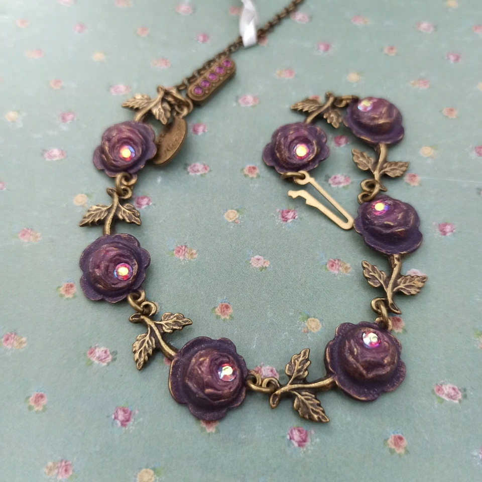 Michal Negrin Bracelet Purple Roses Pink AB Aurora Borealis Crystals Statement - Изображение 2 из 4