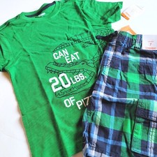 Gymboree Boys 7 "Outdoor Explorer" Pizza Aligator Tee Green Plaid Shorts Set NWT