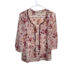 LC Lauren Conrad Blouse Women's XS Colorful Floral Sheer Polka Dot Casual Top