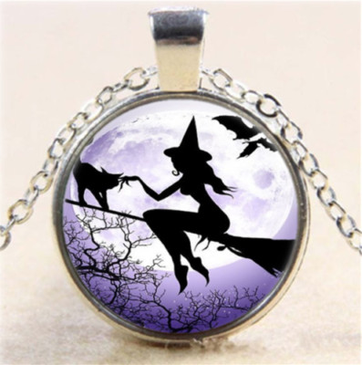 HALLOWEEN WITCH CAT BROOM MOON black pendant Sterling Silver 925 chain necklace 