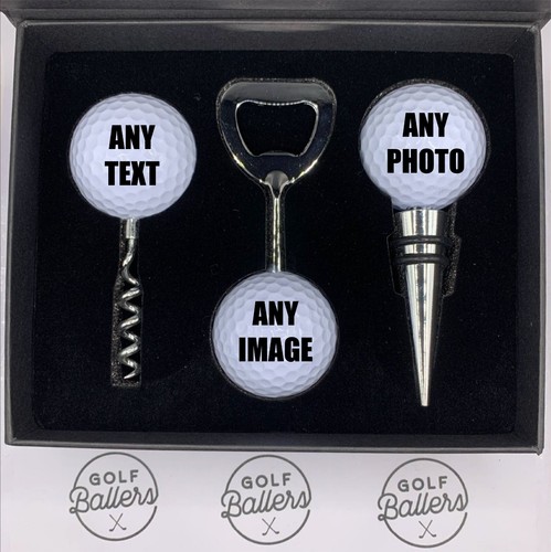 Personalised Golf Drinks Set - Golf ball Corkscrew, Bottle Opener & Stopper Set - Picture 2 of 6