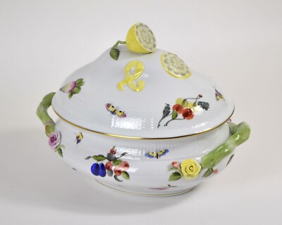 Herend Terrine Queen Victoria - Suppenschüssel groß Zitronenknauf Insekten Blume