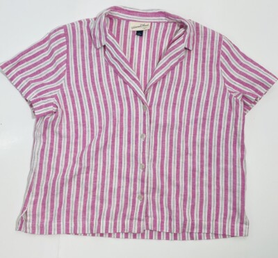 universal thread shirt striped pink white button top short sleeve size Small